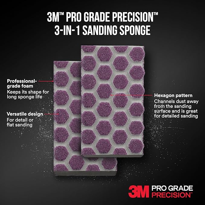3M DCDA220-PGP-1T Pro Grade Precision 3-in-1 Angled Faster Sanding Sponge, 220-Grit Extra-Fine, 2.5" x 4.5" x 1"