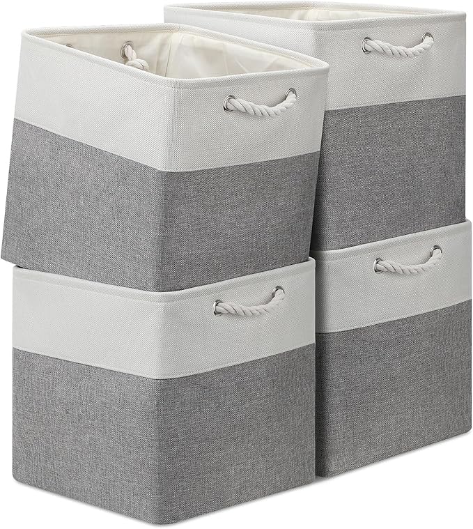 13x13 Storage Cube Bins 4Pack,Collapsible Cube Storage Organizer for Closet, Fabric Storage Box w/ Rope Handles, Foldable Storage Baskets for Shelves, Clothes,Closet Organization - White/Gray