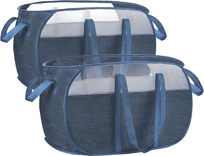 pop-up laundry basket，with Durable Handles collapsible Mesh laundry Hamper,Easy to Open and Fold,Premium Cationic Fabric… (Cationic blue+blue)