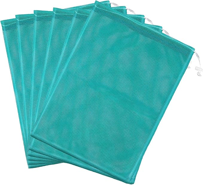 Frienda 6 Pieces Mesh Stuff Sack, 11 x 15 Inch Durable Nylon Drawstring Laundry Bag for Rinsing Beach Toys, Seashell Collecting, Mesh Bags for Travel(Turquoise)