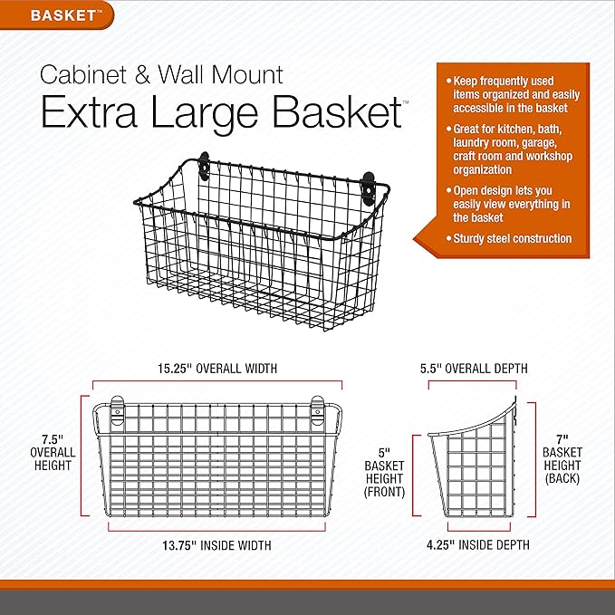 Spectrum Extra Large Wire Wall Mount Storage Basket Industrial Gray, Vintage Wire Basket Wall Mount Organizer Modern for Pantry Kitchen and Bath, Versatile Wall Mount Storage Basket Wire Caddy