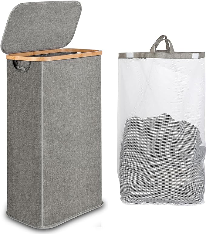 65L Slim Laundry Hamper, Narrow Laundry Basket with Lid,Foldable Clothes Hamper with Bamboo Handles,Hamper Basket with Removable Inner Bag for Laundry Room Bedroom College Dorm,17.17 Gals Grey