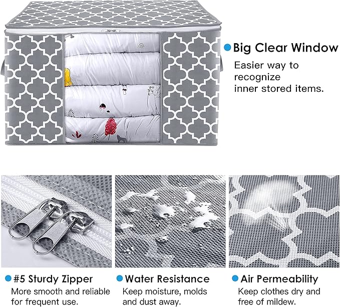WISELIFE Storage Bags 100L 8-Pack Large Blanket Clothes Organization and Storage Containers for Bedding, Comforters, Foldable Organizer with Reinforced Handle, Clear Window, Sturdy Zippers, Light Grey