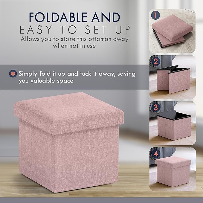 Ornavo Home Small Storage Ottoman, Set of 2 Foldable Collapsible Cube Square Linen Ottoman Foot Rest Stool Seat, for Living Room, Bedroom, Home Office, Dorm - 12 x 12 x 12, Pink