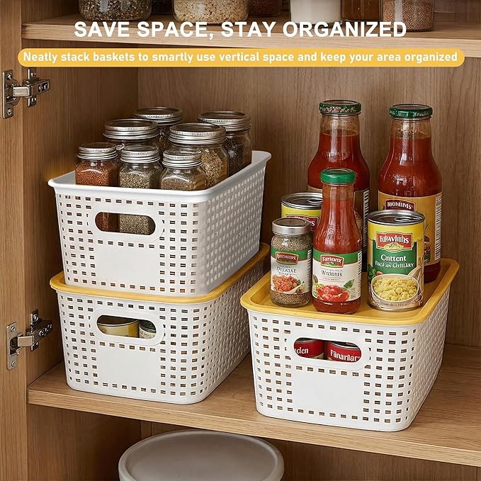 AREYZIN 6 Pack Plastic Storage Bins with Lid,Stackable Storage Bins and Storage Baskets for Shelves,Small Baskets for Organizing, Small Storage Bins,10.2x7.2x4.1 Inch, White