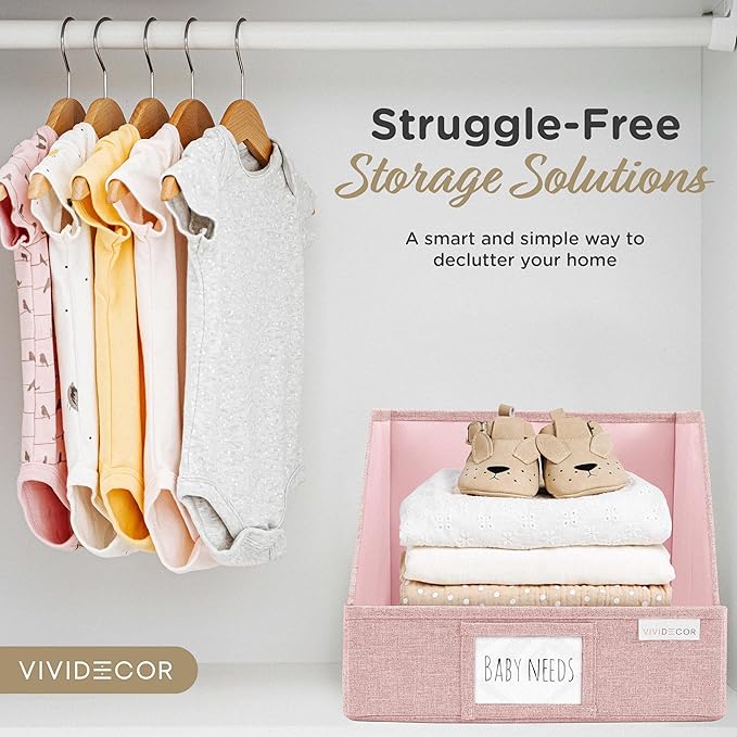 VIVIDECOR Closet Bins for Organization – 12x12x10 Foldable Boxes for Clothes, Fabric Trapezoid Storage Bins, Storage Baskets, Decorative Storage Baskets, Sweaters, Baby Clothes, Nursery– Pink, 3 Pack