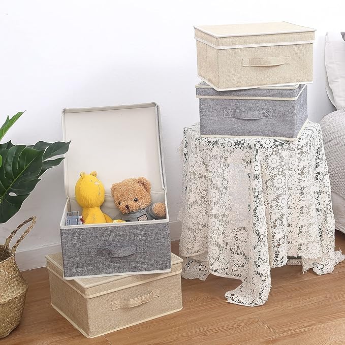 Storage Bins with Lid, Foldable Clothing Storage Box case with Handle for Closet, Bedroom, Home, Gray+Apricot, 13L x 12.5W x 7H inch