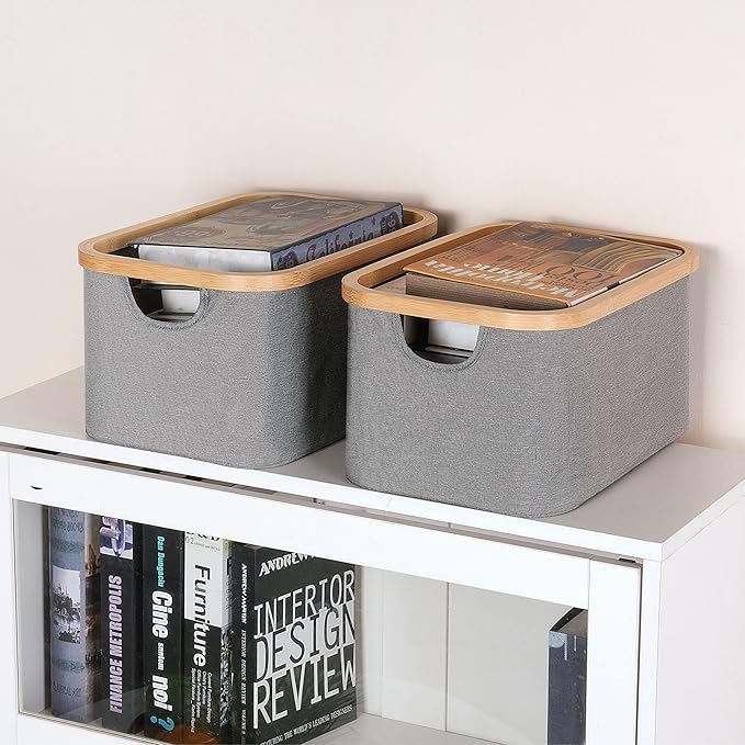 efluky Storage Baskets for Organizing, Fabric Storage Bins with Bamboo Handles, Collapsible Storage Baskets for Shelves and Closet, Grey Set of 2