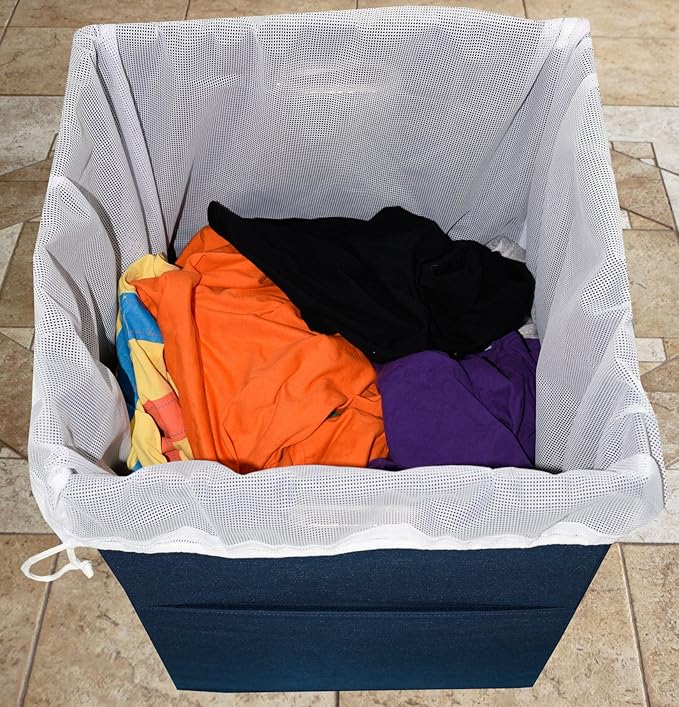 Foldable Large Laundry Hamper With Laundry Bag - Premium Durable Fabric, Plastic Board, Extra-Large Size, Space-Saving & Compact Clothes Basket With Metal Handles (Navy Blue)