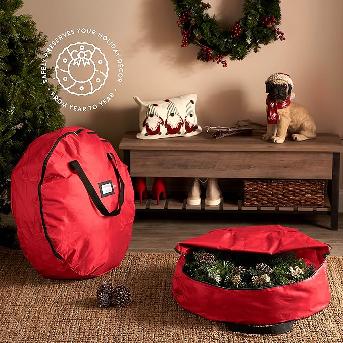 ZOBER 2 Pack Oxford Christmas Wreath Storage Container 48 Inch - Wreath Bag for Artificial Wreaths Box - Waterproof Fabric, Dual Zippered Wreaths Storage Bag With Strong Durable Handles - Red