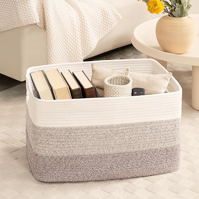 60L Laundry Basket with Leather Handles for Living Room Storage, Woven Rope Baskets Bin for Blanket, Kids Toy, Gifts, Wicker Hamper for Bedroom Dirty Clothes, Gradient Brown