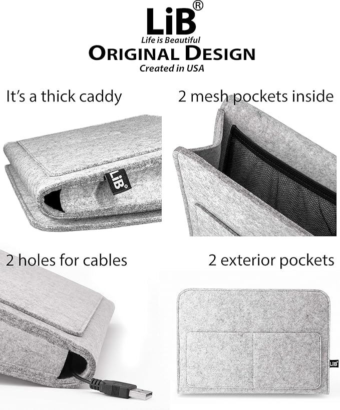 Lib Bedside Caddy, Original Design | Large Size 9.5" x 13.5" | Laptop Holder | 100% Handmade | College Room, Kids Bunk Bed, Hospital Bed | Night Hanging Storage Organizer (Light Gray)