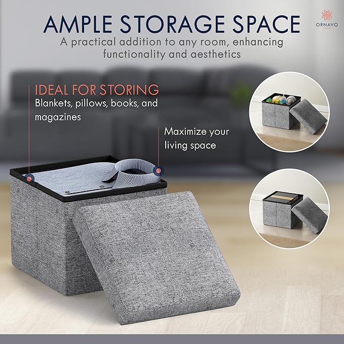 Ornavo Home Small Storage Ottoman Foldable Collapsible Cube Square Linen Ottoman Foot Rest Stool Seat, for Living Room, Bedroom, Home Office, Dorm - 12 x 12 x 12, Gray