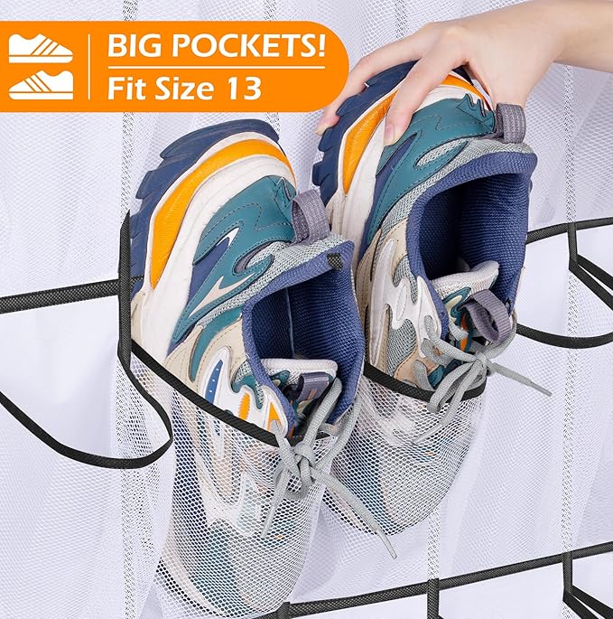 MISSLO 35 Large Pockets Over The Door Shoe Organizer Sturdy Oxford Fabric Hanging Shoe Rack for Door Mesh Closet Shoe Holder Hanger, White