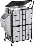 90L Laundry Basket with Wheels, Large Capacity Laundry Hamper with Removable Liner Bags, Heavy Duty Laundry Sorter with Solid Wood Lid & Leather Handles (Grey) TLH001G01