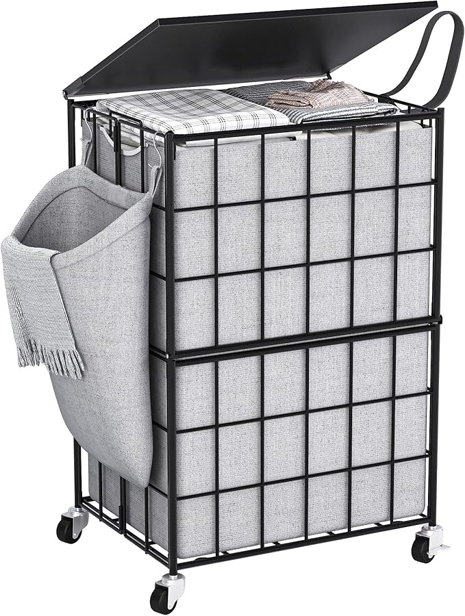 90L Laundry Basket with Wheels, Large Capacity Laundry Hamper with Removable Liner Bags, Heavy Duty Laundry Sorter with Solid Wood Lid & Leather Handles (Grey) TLH001G01