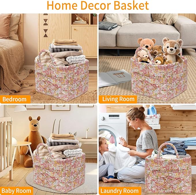 Quilted Fabric Storage Baskets with Handles, Boho Floral Gift Basket Foldable Organizer Bin for Home Decor, Picnic, Travel 12''x10''x10'' (Orange)