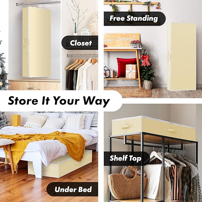 Simple Houseware 41.5" Wrapping Paper Storage Organizer - Fits 40 Rolls with Adjustable Straps, Interior Divider for Ribbons & Bows, 3 Clear Pockets for Gift Bags & Tools, 41.5''L x 16''W, Beige