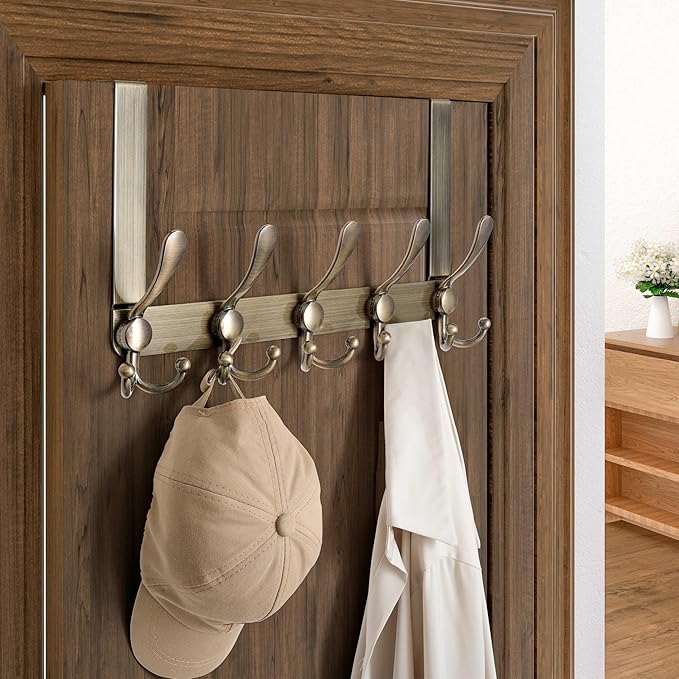 Dseap Over Door Hook 2.0 - Upgraded Version - Simple-Assembly, Strong, Heavy-Duty Stainless Steel 5-Tri-Hook Over The Door Hanger Rack, SimpleStrong Series, Bronze