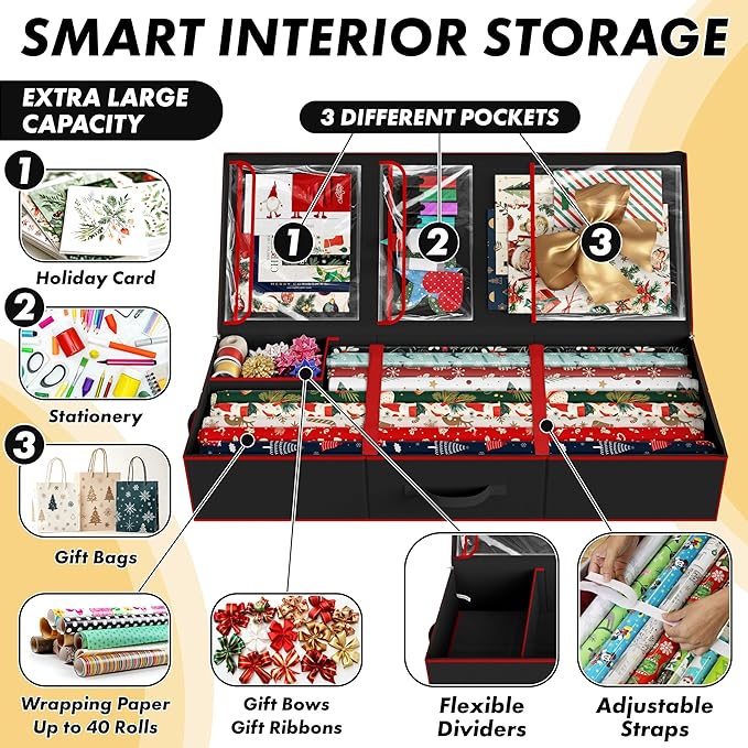 Simple Houseware 41.5" Wrapping Paper Storage Organizer - Fits 40 Rolls with Adjustable Straps, Interior Divider for Ribbons & Bows, 3 Clear Pockets for Gift Bags & Tools, 41.5''L x 16''W, Black
