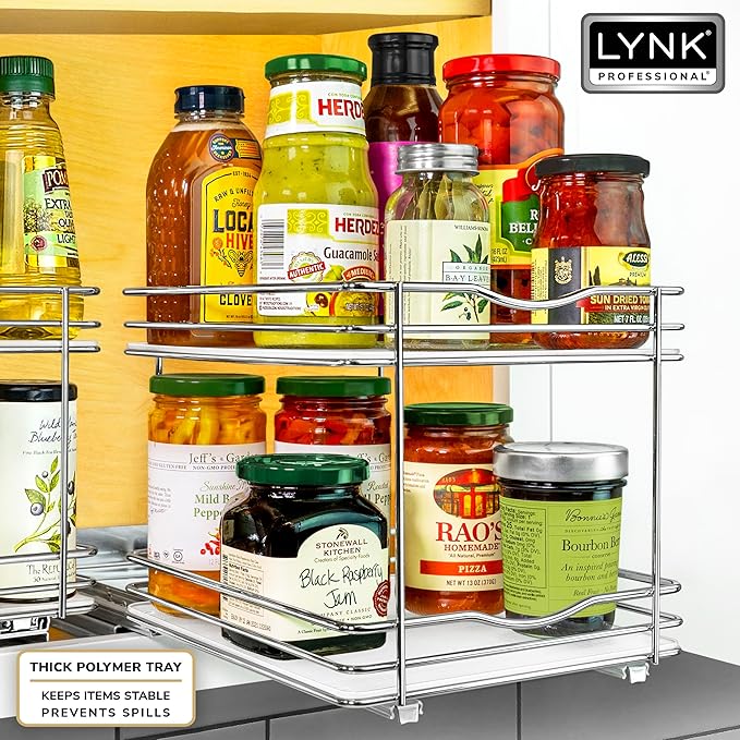 LYNK PROFESSIONAL® Pull Out Spice Rack Organizer for Inside Kitchen Cabinets - 8-3/8 inch Wide - Slide Out Drawer – Chrome Sliding Spice Organization for cabinet - Spice Racks - 2 Tier
