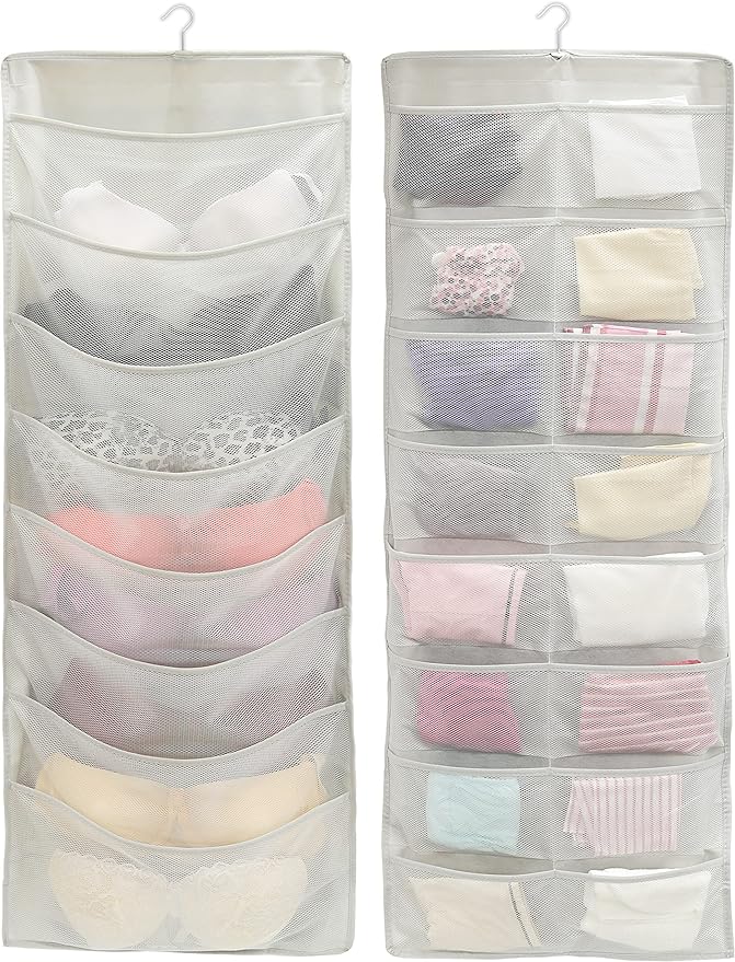 Simple Houseware Double-Sided Hanging Closet Organizer, 24-Pocket Bra & Underwear Storage with Rotating Hanger, Mesh Fabric, Gray, 1 Pack