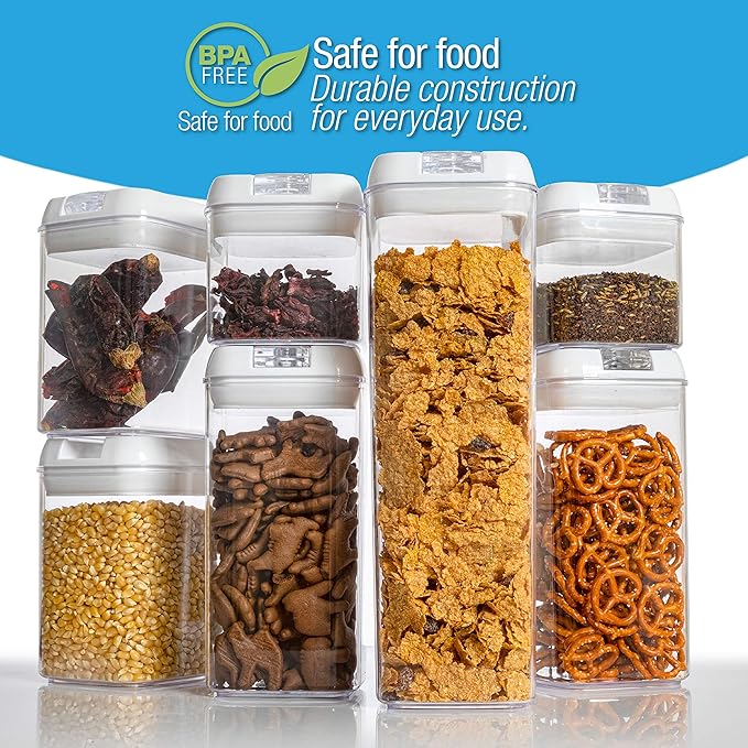 Set of 7 Airtight Food Storage Containers - Pantry Organizer Bins, BPA Free Plastic Containers plus Dry Erase Marker and Labels, White
