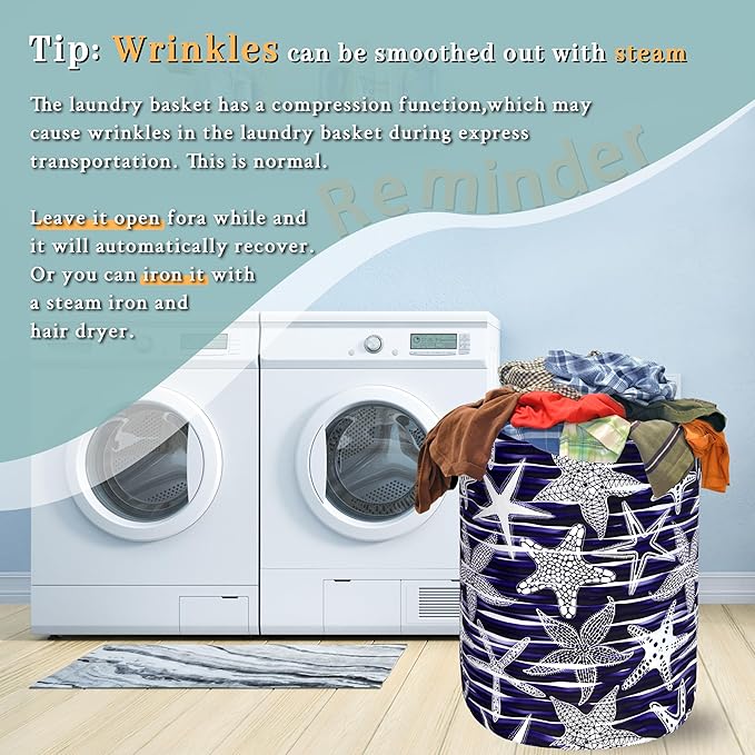 Blue Starfish Printed Laundry Basket Sea Beach Theme Funny Laundry Hamper Foldable Oxford Cloth Ocean Tote Bag Clothe Toy Storage Bucket 18.9"x16.5" For Bathroom/Laundry Storage/Bedroom