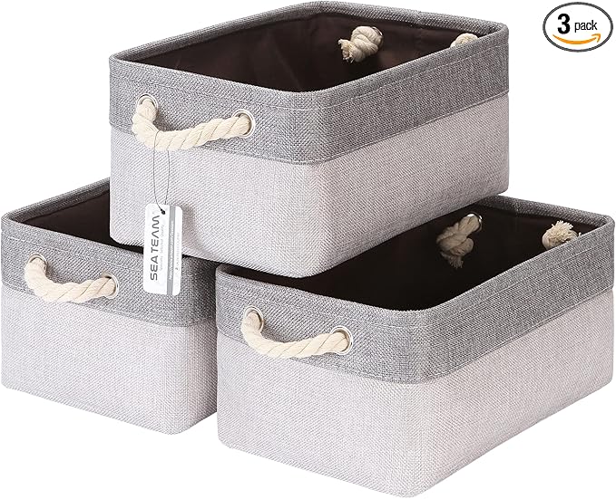 Sea Team 3-Pack Small Storage Basket Set, Storage Cube Organizer, Storage Bins, 12 x 8 x 5 Inches, Rectangle Canvas Fabric Collapsible Shelf Box with Handles for Kids Room (Ash Grey/Grey)