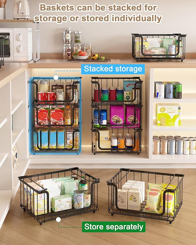 UMDONX 4 Pack Stackable Wire Baskets Storage Bins for Fruits, Vegetables, Potatoes & Onions | Pantry, Countertop, Laundry Organizer | Heavy Duty & Space Saving Black