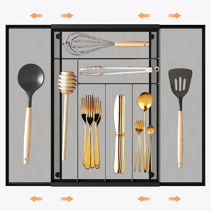 Silverware Organizer Metal Mesh, Large Drawer Organizer, Utensil Cutlery Tray for kitchen drawers, Expandable Flatware Organizer with 8 Compartment Black 11.6"~20" x 17.3"