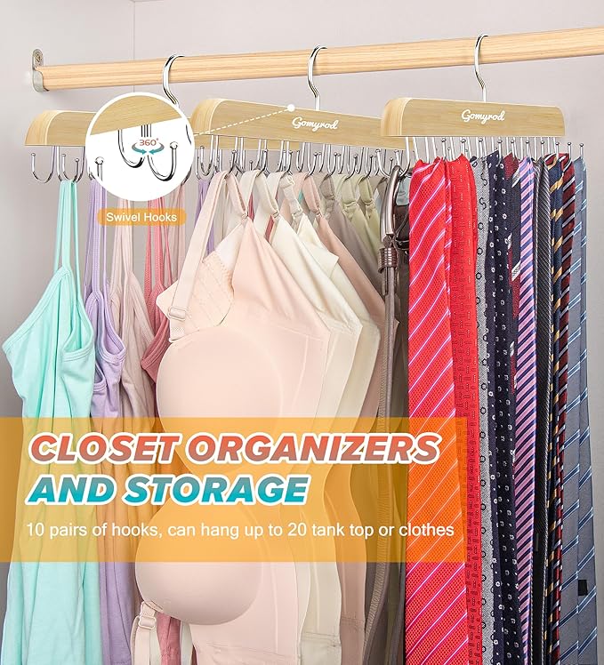 Bra Hanger for Closet, Tank Top Hangers 2 Pack w/20 Hooks Holds 40 Bras, Capacity Foldable Wood Space Saving Hanger, 360°Rotating Closet Organizers and Storage for Dorm & Apartment