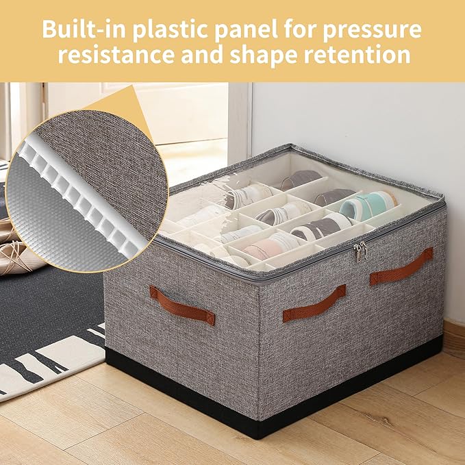 Shoe Organizer for Closet, Foldable Large Shoe Storage Box with Clear Cover, Removable Partitions and Bottom are Supported by Plastic Boards (Grey-Black, 20.5“Lx16.9 Wx13'H)