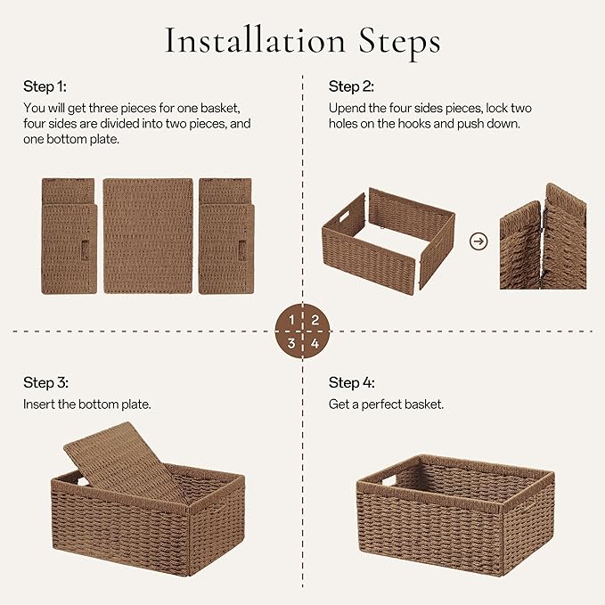 UBBCARE 2 Pack Wicker Basket, 13.4L×8.3H×7.1W inch Woven Paper Rope Storage Baskets for shelves, Foldable Rectangular Storage Baskets with Handle, Storage Basket for Organizing, Caramel