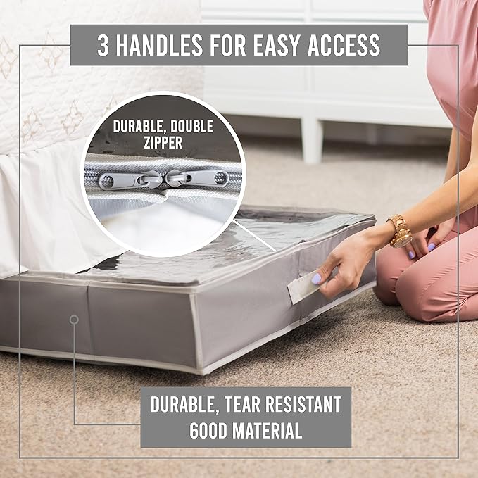 HOLDN' STORAGE Under Bed Shoe Organizer - Set of 2, Tear-Resistant 600D Material, Grey, Transparent Cover, Holds Up to 32 Pairs of Shoes
