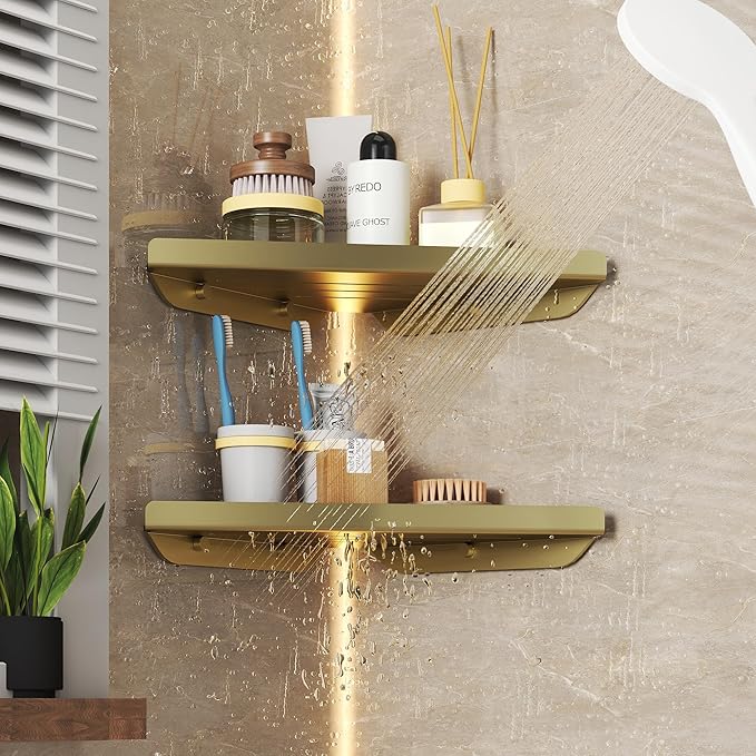 Ecowillon Corner Shower Shelves, 2-Tier Triangle Gold Shower Candy, 304 Stainless Steel Corner Shelf Will not Rust, Wall Mounted Caddy Shelves No Drilling with Adhesive,Storage Shelf for Toilet