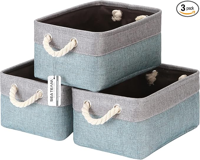 Sea Team 3-Pack Small Storage Basket Set, Storage Cube Organizer, Storage Bins, 12 x 8 x 5 Inches, Rectangle Canvas Fabric Collapsible Shelf Box with Handles for Kids Room (Grey/Stone Blue)