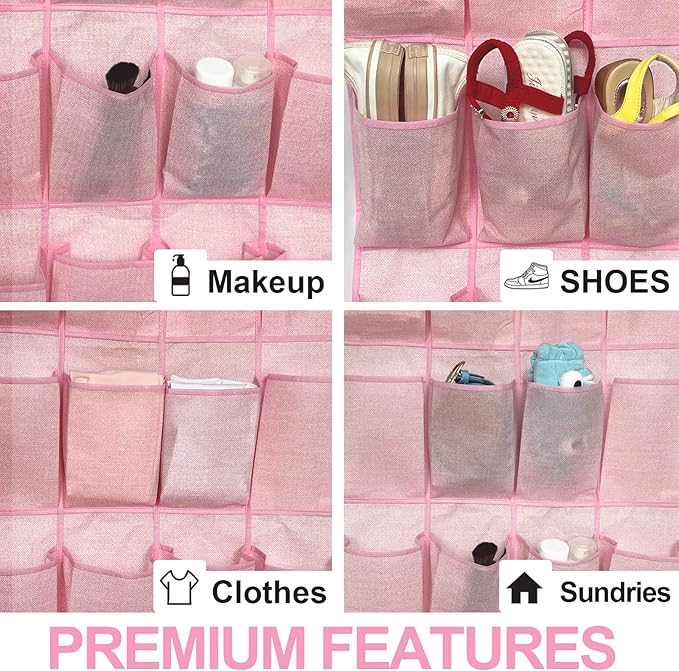 homyfort Pink Shoe Organizer Over the Door for Girls Women Kids Room,Hanging Shoe Rack Organizer for Closet Door,Zapateras Storage Holder with 24 Large Pockets & 4 Sturdy Hooks for Shoes,Slippers