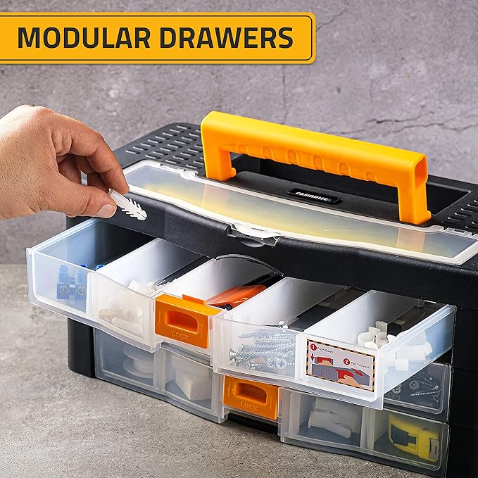CANOPUS Craft Organizer with Drawers, 15-in Modular Drawer Case, Storage Organizer with Transparent Drawers, Portable Plastic Tool Box for Small Tools, Crafts, Screws, Bolts, Hardware and Small Parts