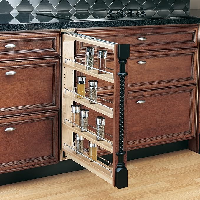 Rev-A-Shelf Pullout Shelf Organizer for Base Kitchen or Bathroom Cabinets, Wood Filler Pantry Storage or Spice Rack, Maple, 3" x 23" x 30", 432-BF-3C