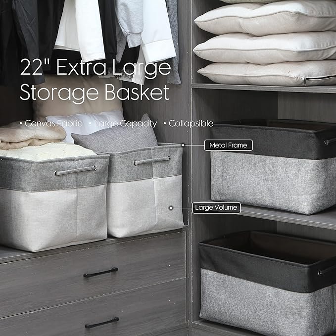 Sea Team 3-Pack Extra Large Storage Basket Set, Trunk Organizer, Clothes Toys Bin, 22 x 15 x 13 Inches, Rectangular Canvas Fabric Collapsible Shelf Box with Handles for Kids Room (Ash Grey/Grey)