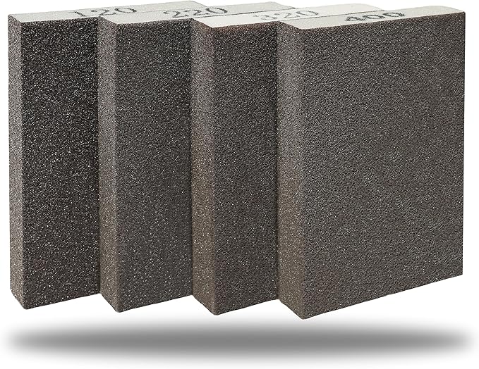4 Pack Hand Sanding Sponge Set -120 220 320 400 Grit- Coarse Medium Fine Grit Sanding Block, Sander Sponges for Wood-Working Drywall Metal, Washable and Reusable Sponge for Rust Removal Polishing