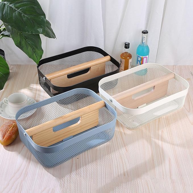 Metal Mesh Steel Storage Basket, Garden Harvest Wire Organizer Basket Multi-functional Kitchen Fruit Basket with Wooden Removable Partition & Handle for Bathroom Picnic Decor Cabinet, Black