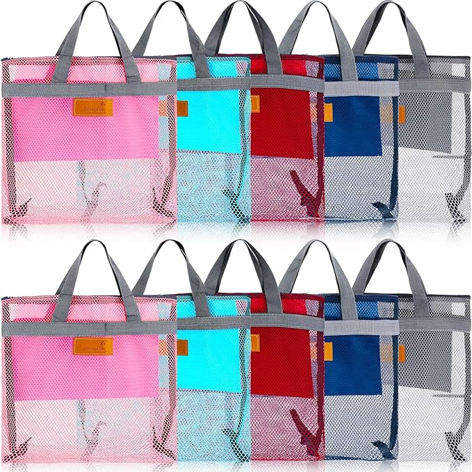 Tudomro 10 Pcs Mesh Shower Bag Caddy Tote Portable Quick Dry Tote Bag Lightweight Hanging Toiletry Bath Organizer for College Dorm Gym Swimming Beach Travel Games Sports (Gray Handle)