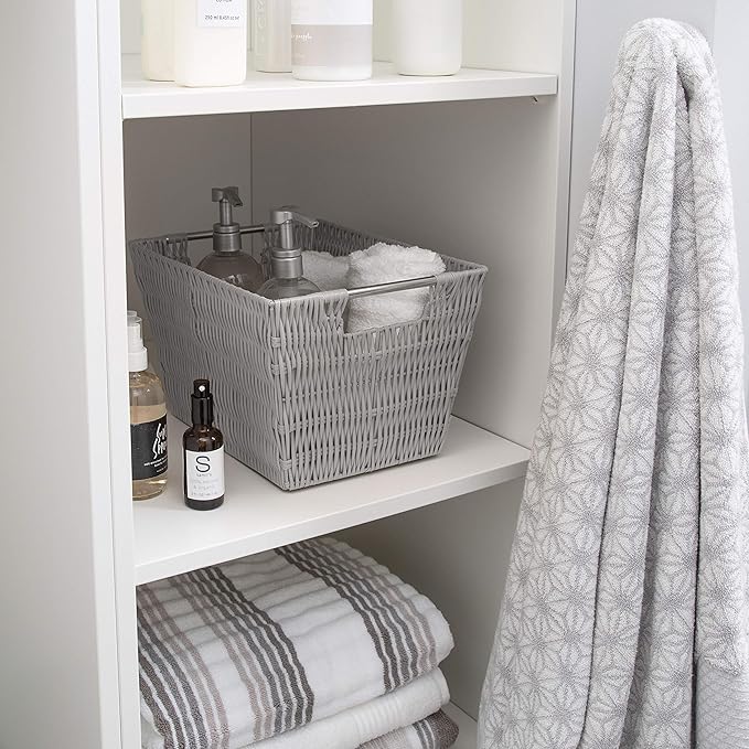 Simplify 12"x10"x8" Medium Woven Basket for Storage with Handles, Nursery, Playroom, Toys, Bedroom, Closet, Clothes, Office, Decorative Organizer Rattan Totes, Grey