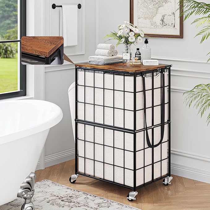 90L Laundry Basket with Wheels, Large Capacity Laundry Hamper with Removable Liner Bags, Heavy Duty Laundry Sorter with Solid Wood Lid & Leather Handles (Beige) TLH001B01