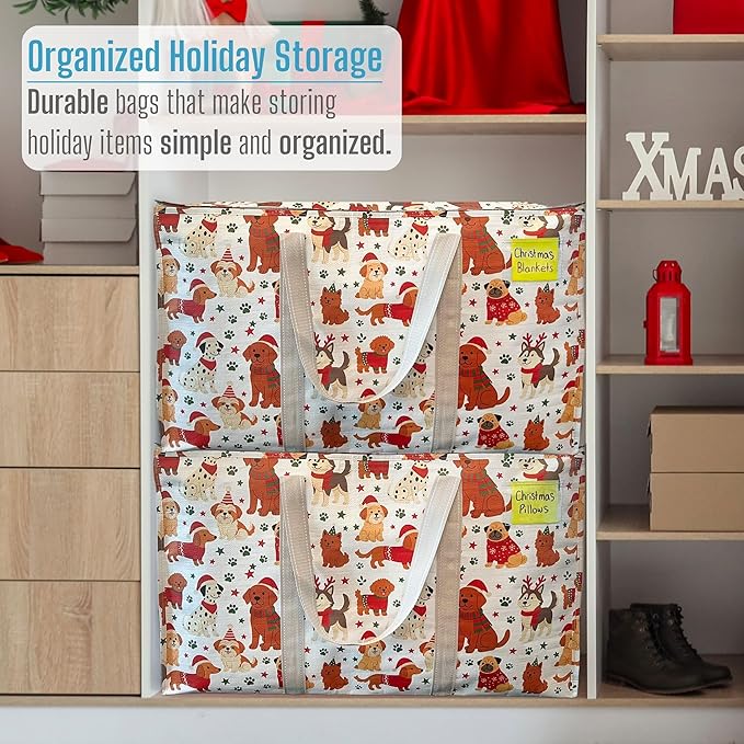 VENO 2 Pack Moving Bags and Large Christmas Storage Bins with lids. Alternative to Moving Boxes, Packing Supplies for College. Extra Large Heavy Duty Totes for Packaging (Holiday Pups, 2 Pack)