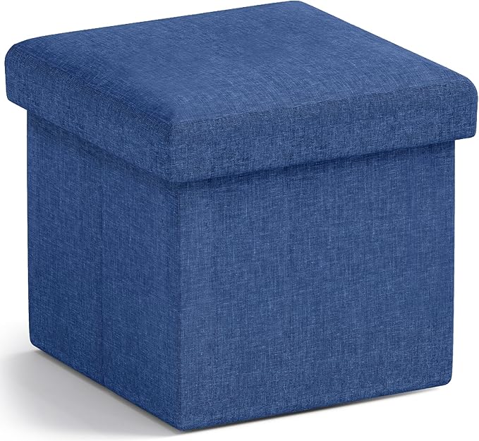 Ornavo Home Small Storage Ottoman Foldable Collapsible Cube Square Linen Ottoman Foot Rest Stool Seat, for Living Room, Bedroom, Home Office, Dorm - 12 x 12 x 12, Navy Blue
