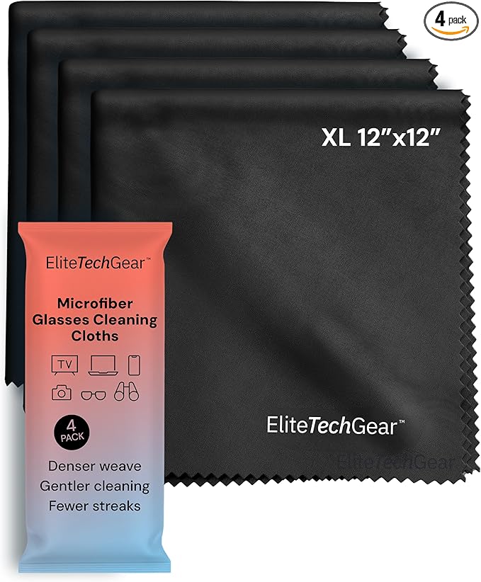 Elite Screens Oversized Microfiber Eye Glass Clean Cloths - 12" x 12", 4-Pack, Black - Streak-Free Lens Wipes - Portable Eye Glasses Cleaner Wipes