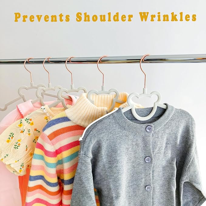 30 Pack Gray Velvet Baby and Kids Clothes Hangers - 12.6in for Ages 4-10, with Cute Bear, Rotating Rose Gold Hook, Non-Slip, Space-Saving Slim Felt Hangers for Toddler Coats, Jackets, Dresses